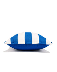 The Small Square Throw Pillow - Crew Mediterranean Blue by Business & Pleasure Co is shown resting on a white background. Spill and stain resistant, this stylish pillow offers practical comfort for any setting.