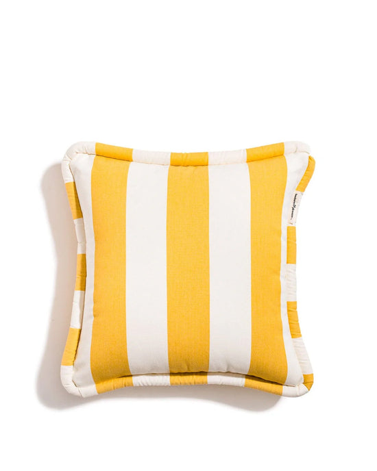 The Small Square Throw Pillow - Crew Mimosa Yellow Stripe from Business & Pleasure Co features bold yellow and white stripes with a piped edge, made from durable Pleasuretex fabric, shown on a white background.