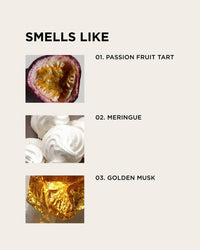 A beige background features the title SMELLS LIKE. Below: a halved passion fruit (01. PASSION FRUIT TART), white meringues (02. MERINGUE), and golden crystals (03. GOLDEN MUSK FRAGRANCE) for Eau De Parfume in Matilda by Rosie Jane.