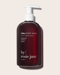 A 12 oz (350ml) maroon bottle of Rosie Jane Chill Body Wash with a white pump, featuring peppermint, mandarin, cypress, and nourishing kakadu plum extract for hydration.