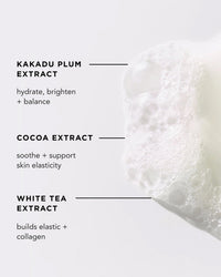 White foamy bubbles form on your skin with Rosie Jane's Chill Body Wash, blending Kakadu Plum Extract (hydrates, brightens), Cocoa Extract (soothes, supports elasticity), and White Tea Extract (boosts collagen and elasticity).