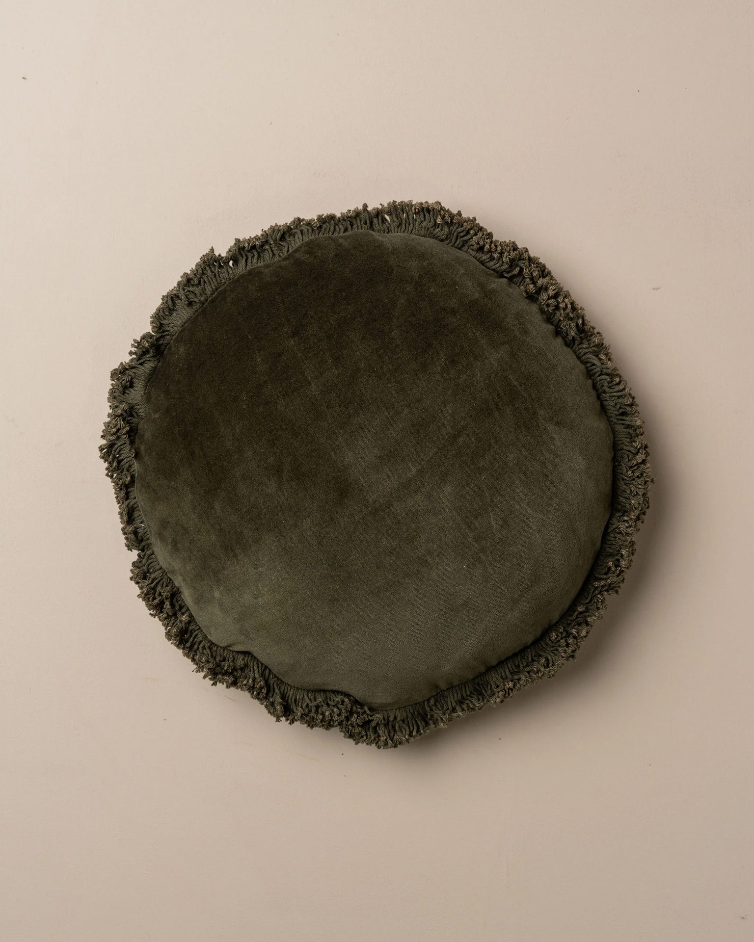 Velvet Round Pillow w/ Feather Insert in Dark Olive