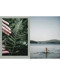 Left: A hand gently touches a lush fern, celebrating nature. Right: Someone swims in a tranquil lake amid forested hills, embracing wilderness—scenes from "Nordic Magic" by Cozy Publishing.