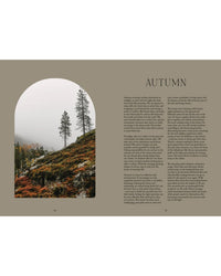A magazine spread for Cozy Publishing's "Nordic Magic" shows a misty autumn hillside with colorful trees on the left and AUTUMN text on the right atop a muted brown background, evoking Nordic traditions and nature worship.