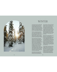 An arched window on the left frames a sunlit winter forest scene for "Nordic Magic" by Cozy Publishing, while text about Nordic traditions and winter is displayed on a gray background to the right.