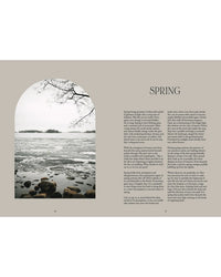 A magazine spread from Cozy Publishing’s "Nordic Magic" shows a rocky shore and icy lake on the left, with bare branches overhead. The right page reads SPRING and discusses Nordic nature worship, all set on a beige background.