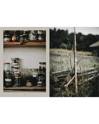 Left: Assorted glass jars of dried herbs and spices on shelves. Right: A rustic outdoor scene with branches and a wooden fence evokes nature worship, as featured in "Nordic Magic" from Cozy Publishing.