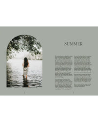 A woman with long hair stands in a lake surrounded by trees, facing away—a nod to nature. On the right, "Nordic Magic" by Cozy Publishing and a description appear under a SUMMER heading on a muted green background.