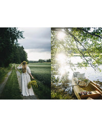 A woman in a white dress walks along a country path with wildflowers; nearby, Nordic Summer Cookbook by Cozy Publishing inspires a lakeside picnic with pillows and recipes under leafy trees beside a wooden rowboat.