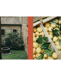 On the left, a stone well and green grass; on the right, yellow lemons in crates capture the essence of La Nostra Cucina Povera – Everyday Italian Eats by Cozy Publishing, celebrating simple, authentic Italian cooking.