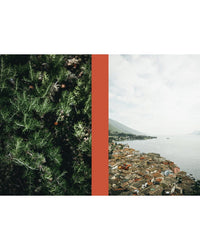 Split image: left shows green, leafy cucina povera plants; right displays an aerial view of a coastal town with red roofs by the water under clouds. A vertical orange stripe divides them. From "La Nostra Cucina Povera – Everyday Italian Eats" by Cozy Publishing.