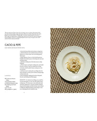 A plate of cacio e pepe pasta takes center stage on a checkered cloth, capturing the spirit of cucina povera. On the left, find recipe details and ingredients from "La Nostra Cucina Povera – Everyday Italian Eats" by Cozy Publishing.