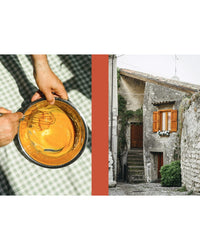 On the left, hands whisk batter in a metal bowl—classic Italian cooking from La Nostra Cucina Povera by Cozy Publishing. On the right, an old stone house lines a cobblestone street, capturing timeless Italy.