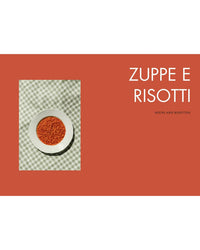 A white bowl of red soup rests on a checkered tablecloth, against a rust background. Bold text reads La Nostra Cucina Povera – Everyday Italian Eats by Cozy Publishing, with smaller type: Classic Italian soups and risottos.
