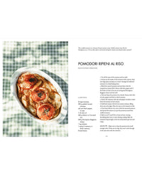 A plate of four rice-stuffed baked tomatoes is featured on a white dish, capturing the spirit of cucina povera. The recipe for Pomodori Ripieni al Riso appears beside the dish, from "La Nostra Cucina Povera – Everyday Italian Eats" by Cozy Publishing.
