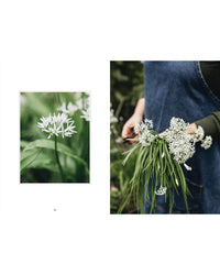 On the left, a wild garlic flower; on the right, a person in denim apron with freshly picked wild garlic—highlighting the joys of homegrown herbs featured in "Living with Herbs" by Cozy Publishing.
