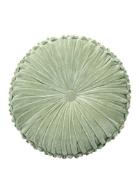 The Casa Amarosa Velvet Round Pillow in Pistachio Green features pleated, radiating lines, a button center, and a charming ruffled edge.