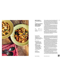 Two bowls of pasta with beans and greens rest on a pink cloth beside utensils. On the right is a black-text Italian recipe for Cavatelli, Beans, and Greens Soup from "Pasta Grannies: Comfort Cookbook" by Chronicle Books.