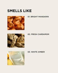Three labeled images: bright orange mandarins (top), dried green cardamom pods (middle), and a translucent white surface (bottom) evoke the Mandarin, Cardamom, and White Amber notes of Rosie Jane Eau De Parfume in Remi.