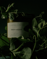The Flamingo Estate Green Goddess Candle, hand-poured in Los Angeles with vegetable wax, is displayed amid lush green leaves and vines against a dark backdrop.