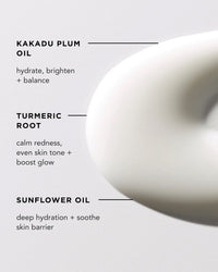A close-up of Rosie Jane’s Wake Body Milk cream with ingredients: Kakadu Plum Oil (hydrates, brightens), Turmeric Root (calms, evens tone), and Sunflower Oil (deep hydration, soothes skin barrier).