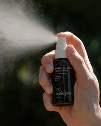 A hand sprays Rosie Jane’s Wake Full Body Deodorant, releasing a fine mist. The black label highlights fresh scents of eucalyptus, grapefruit, and lemon. This aluminum-free formula suits sensitive skin. The background is dark and blurred.