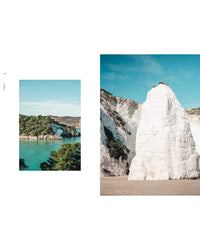 Two photos from "Travel Guide: Somewhere in Italy" by Cozy Publishing—left: a turquoise bay with a stone arch; right: a towering white limestone cliff set against the clear blue sky.