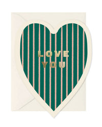 The Love You Heart single card by Amy Heitman features gold "LOVE YOU" lettering on a heart-shaped, dark green background with pink stripes and includes a white envelope. Its blank interior is perfect for heartfelt messages.