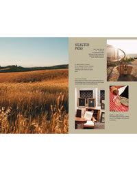 Split-page layout: Left side shows a golden Italian field at sunrise. Right side features curated finds—chair, wine bottles, small bites—from “Travel Guide: Somewhere in Italy” by Cozy Publishing, labeled “Selected Picks.”.