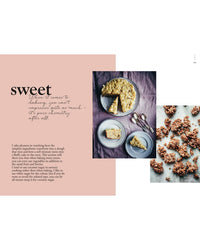 A styled magazine page features pie slices on plates (left) and chocolate-covered cereal clusters (right), with text about healthy meals and baking from the veggie cookbook "Veggies, Every Day of the Week" by Cozy Publishing on a pink background.