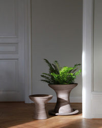 A Bergs Potter Celeste 15 inch Pedestal Planter in Raw Grey filled with green ferns sits beside a small wooden stool on a wooden floor near a white door in a sunlit room.