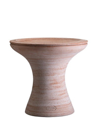The Celeste 15 inch Pedestal Planter in Raw Rosa from Bergs Potter features a round, beige, hourglass shape with a wide rim and smooth texture—ideal as a plant pedestal or for displaying handcrafted pottery.