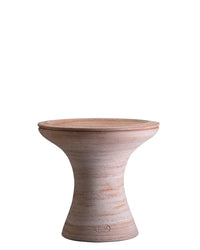 The Bergs Potter Celeste 9-inch Pedestal Planter in Raw Rosa features a round, hourglass shape with a smooth, light brown marbled finish, flared top and base—perfect as a chic handcrafted pottery accent or planter stand.