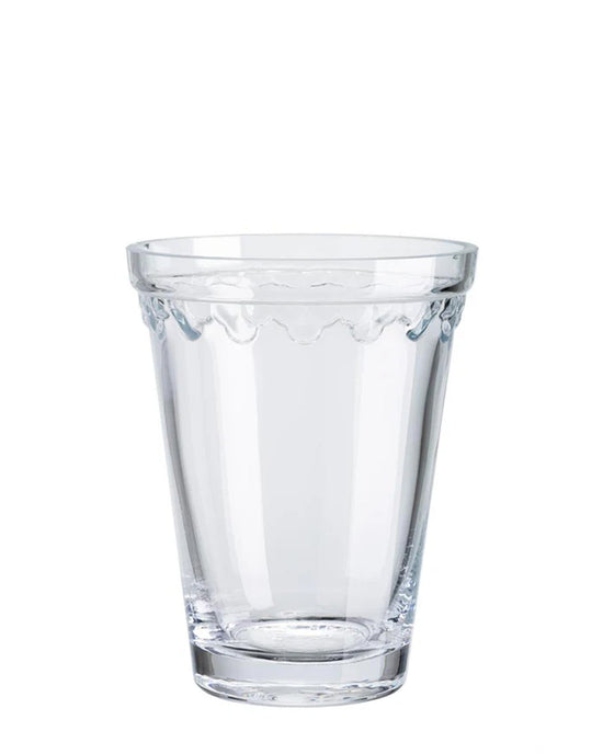 The Kobenhavner Glass Vase in Clear by Bergs Potter features a subtle decorative pattern near the rim, inspired by elegant royal Danish pottery designs, and is set against a plain white background.
