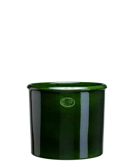 The Modena Glazed 11.8 inch Cachepot by Bergs Potter features a glossy Emerald Green finish, rounded rim, and small oval embossed logo—perfect as an indoor plant pot.