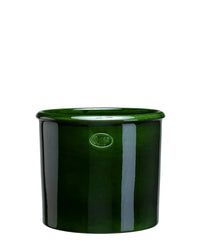 The Bergs Potter Modena Glazed 13.8 inch Cachepot in Emerald Green features a glossy hand-glazed finish, slightly flared rim, and a small embossed logo—perfect for adding elegance to any indoor plant display.