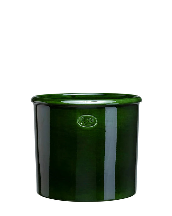 The Bergs Potter Modena Glazed 13.8 inch Cachepot in Emerald Green features a glossy hand-glazed finish, slightly flared rim, and a small embossed logo—perfect for adding elegance to any indoor plant display.