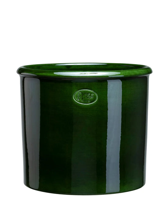 The Bergs Potter Modena Glazed 15.7 inch Cachepot in Emerald Green features a glossy finish, slightly flared rim, and raised round logo—ideal as an indoor cover pot for your favorite plants.