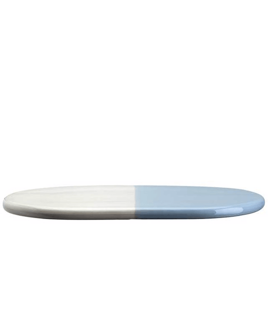 The Bergs Potter Nuna Glazed 13.4 x 7.9 Tray in Sandstone/Misty Blue is an oval ceramic platter made from food-safe, glazed stoneware featuring a clean, two-tone white and light blue design.