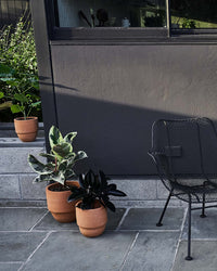 Three Big Cuff Planter | Large by Bloomist are arranged on a stone patio next to a black wire chair, with a grey wall and window in the background.