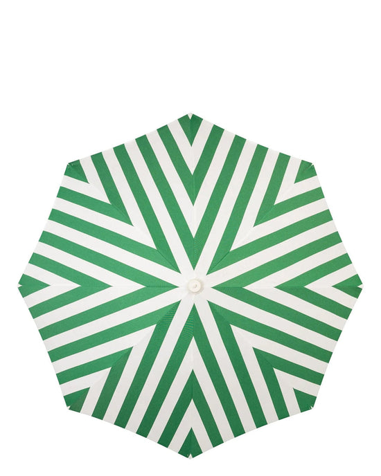 The Business & Pleasure Co Amalfi Umbrella - Crew Canyon Green Stripe features a UV-resistant canopy with green and white stripes in a geometric, symmetrical pattern viewed from above.