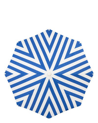 The Amalfi Umbrella - Crew Mediterranean Blue Stripe by Business & Pleasure Co features a top view of blue and white stripes radiating from the center, providing ample sun shade ideal for seaside relaxation.