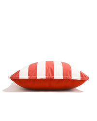 The Euro Throw Pillow - Crew Le Sirenuse Stripe by Business & Pleasure Co is a red and white striped rectangular pillow, shown lying flat against a white background—ideal for indoor or outdoor use.