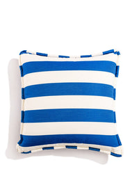 The Euro Throw Pillow - Crew Mediterranean Blue Stripe by Business & Pleasure Co features bold Mediterranean blue stripes with matching striped piping on white, offering a stylish and spill-resistant option for outdoor décor.