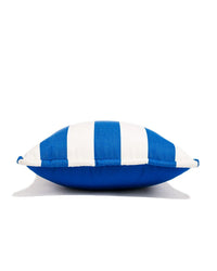 The Small Square Throw Pillow - Crew Mediterranean Blue by Business & Pleasure Co is shown resting on a white background. Spill and stain resistant, this stylish pillow offers practical comfort for any setting.