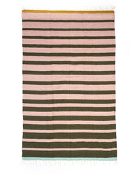 The caminito Marea Fresca - Blanket Roll is a handwoven rectangular blanket from Mexico, featuring alternating pink and dark green stripes, a yellow band at the top, light blue at the bottom edge, and white fringe on both ends.