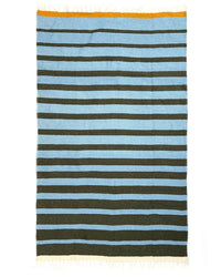 The caminito Marea Lago - Blanket Roll is a rectangular handwoven blanket from Mexico with alternating light blue and dark green stripes, a yellow accent stripe, and white fringe along both the top and bottom edges. Suitable for indoor or outdoor use.