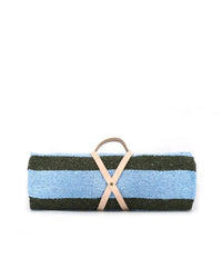 The caminito Marea Lago - Blanket Roll is a rolled-up indoor/outdoor blanket with wide light blue and dark green stripes, secured by a tan leather strap with handle, shown against a plain white background.