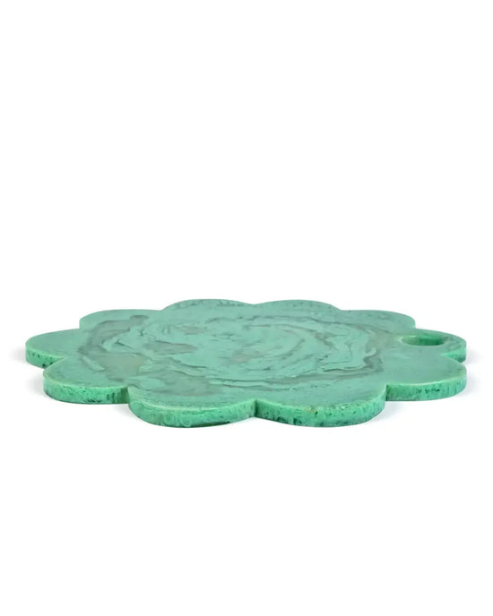 The Casa Amarosa 12in Scallop Resin Cheese/Charcuterie Board in Green features a marbled flower-shaped design with a side hole—perfect as a unique handmade serving or cheese board.