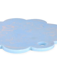Casa Amarosas 9in Scallop Resin Cheese/Charcuterie Board in Blue, featuring a cloud-like shape and small hole near the edge, is shown on a white background.